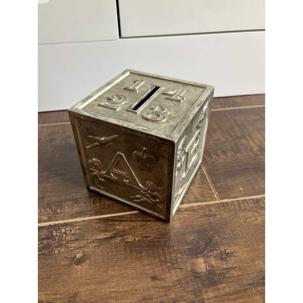 Vintage ABC 123 Metal Coin Bank Alphabet Nursery Cube Still Bank 3 x 3 In
